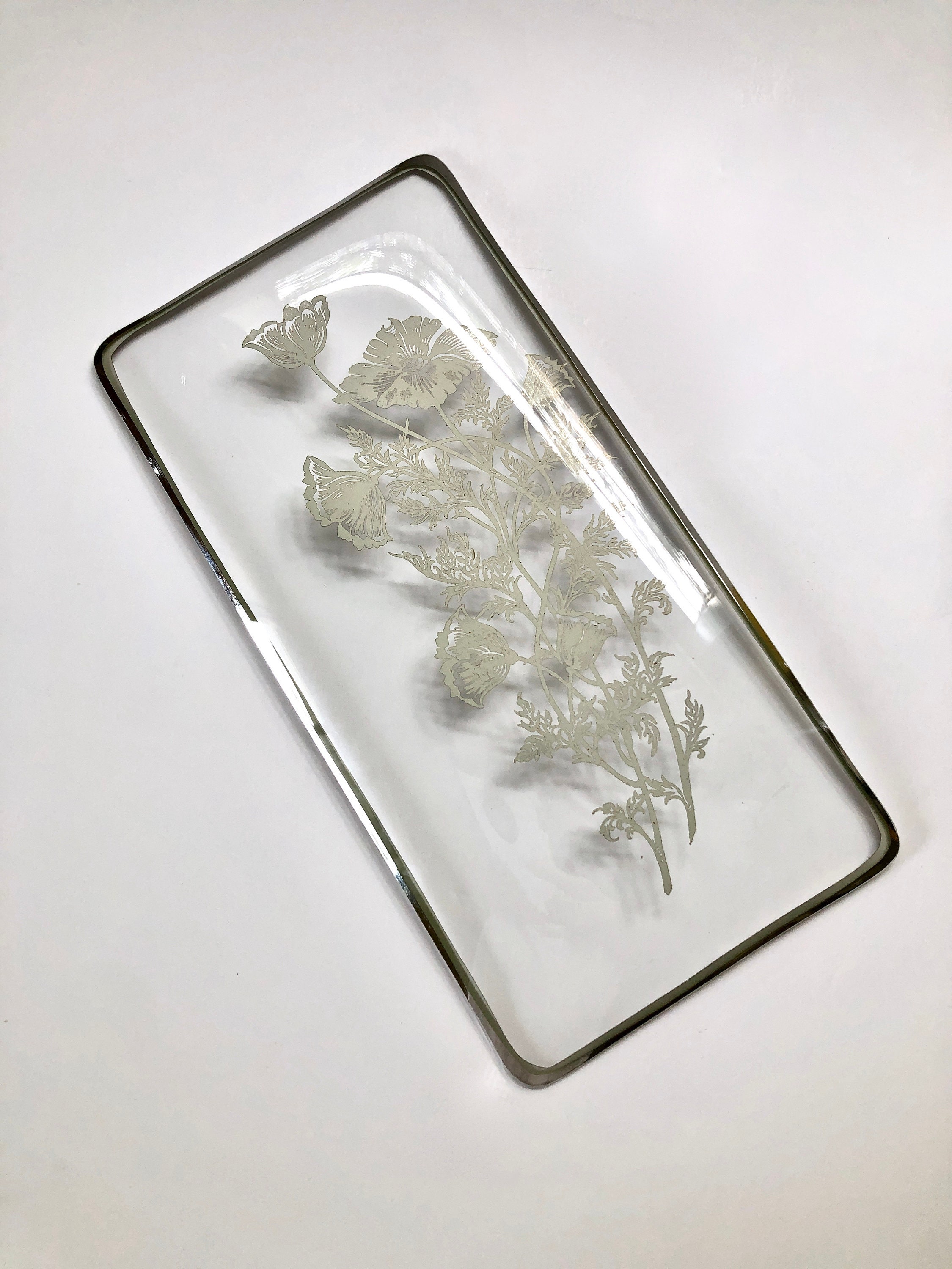 MCM Floral Silver Overlay Bent Glass Rectangular Tray by