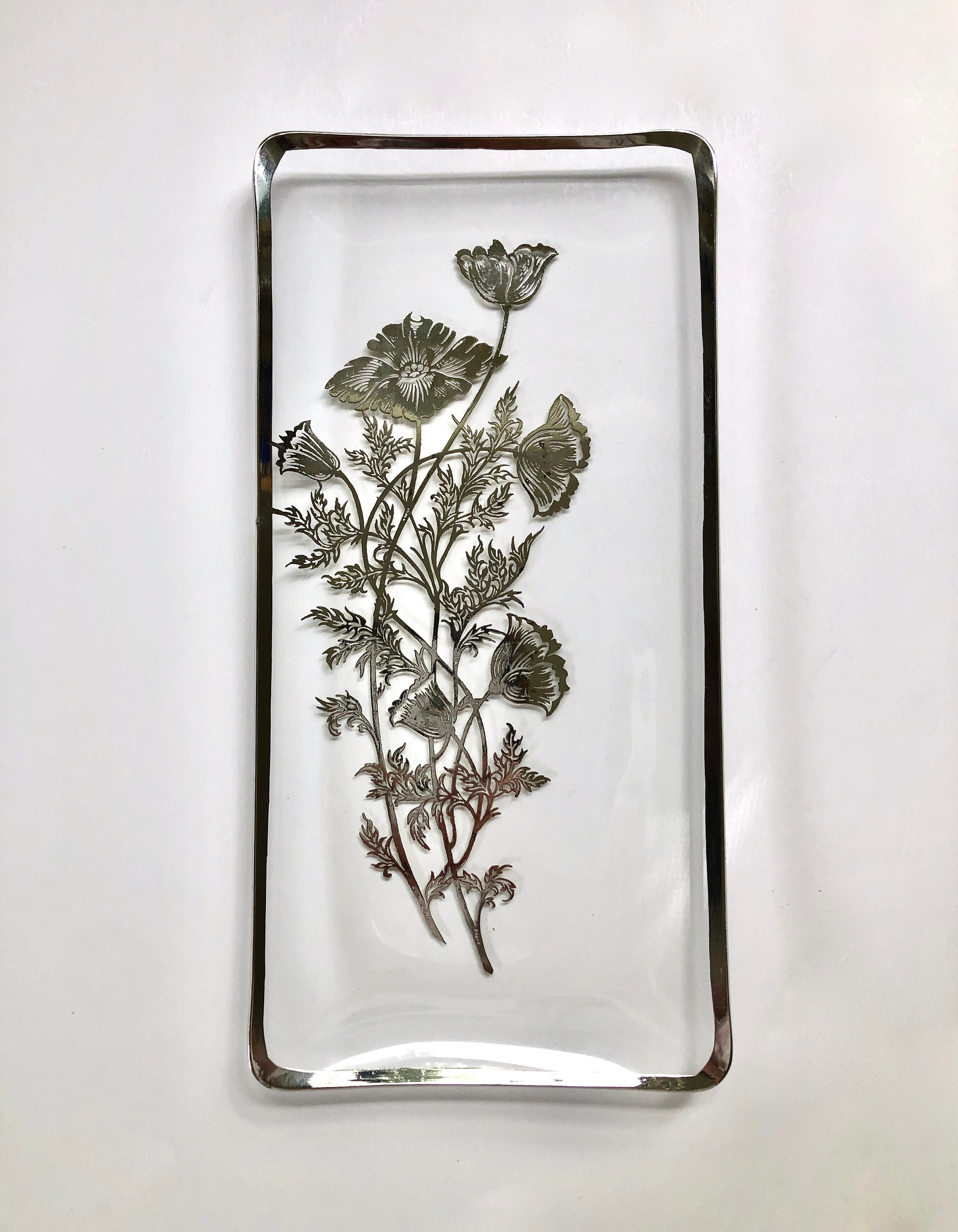 MCM Floral Silver Overlay Bent Glass Rectangular Tray by