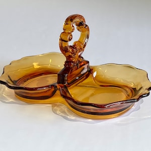 Vintage Amber Glass Candy Dish: Two-Section Serving Tray with Ornate Handle