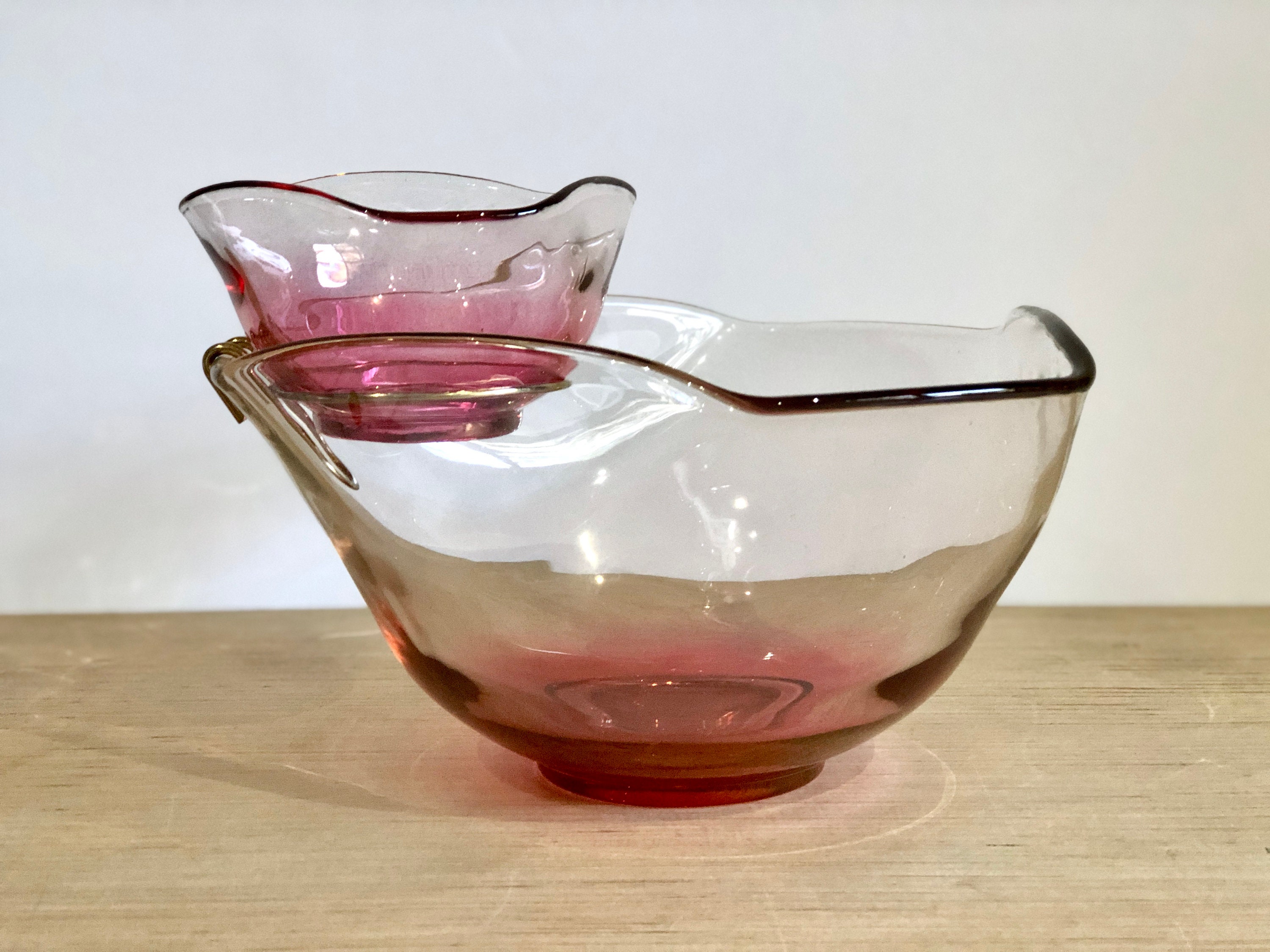 Vintage Mid Century Modern Cranberry Pink Glass Chip and Dip Set
