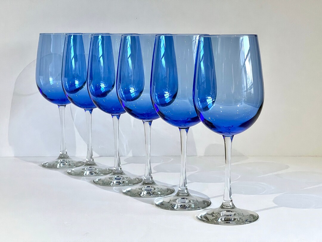 Large Cobalt Blue Clear Stem Wine Glasses 16 Oz Set of 6 Very Etsy