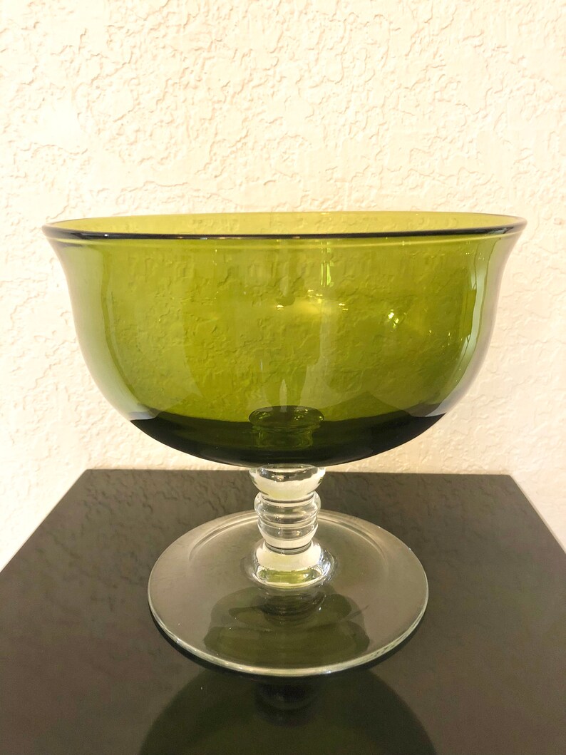 Large Olive Green Glass Pedestal Compote Bowl Centerpiece Etsy