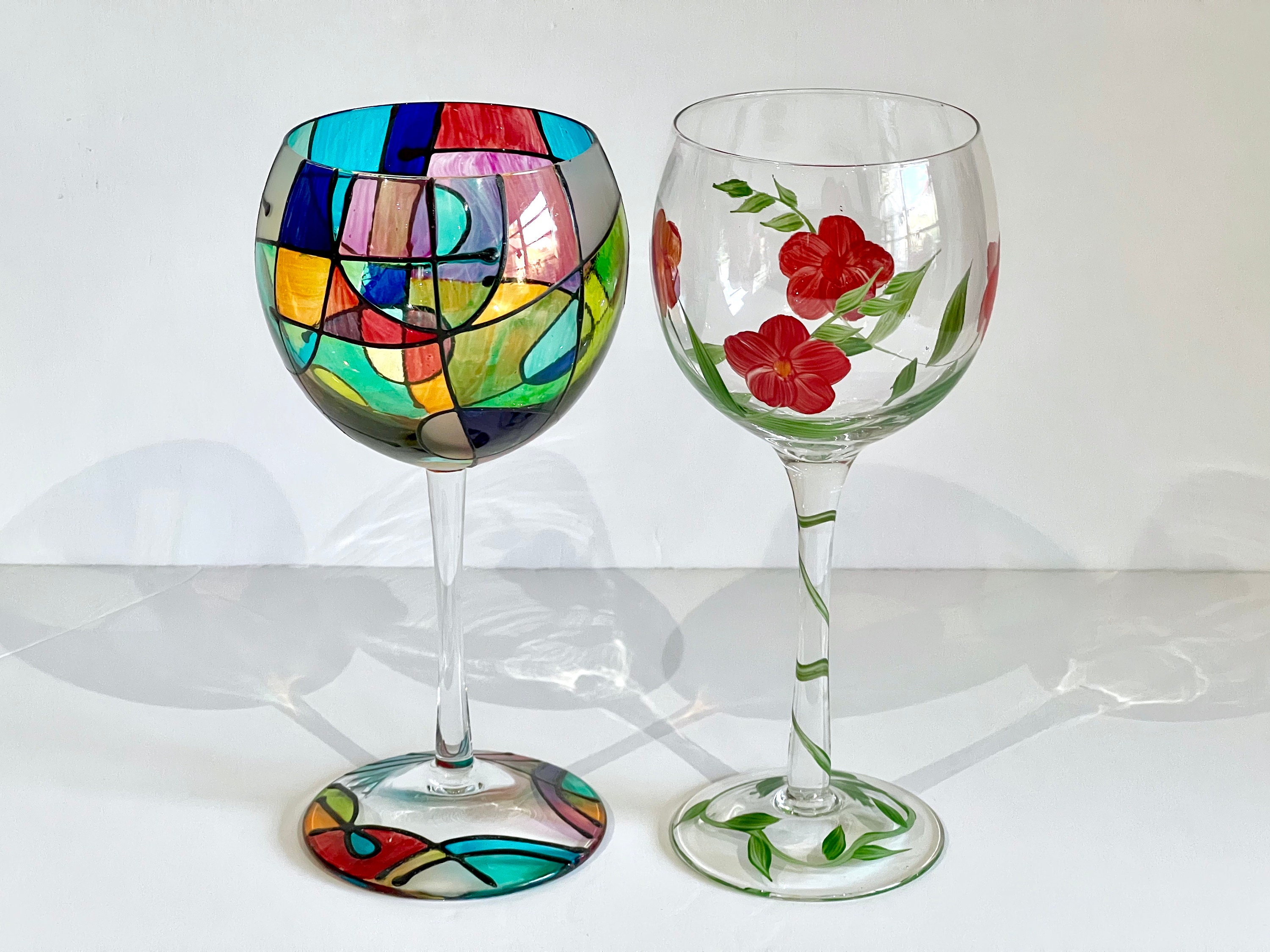 Large Wine Glasses Set of 2 Stained Glass Pattern Painted Mosaic