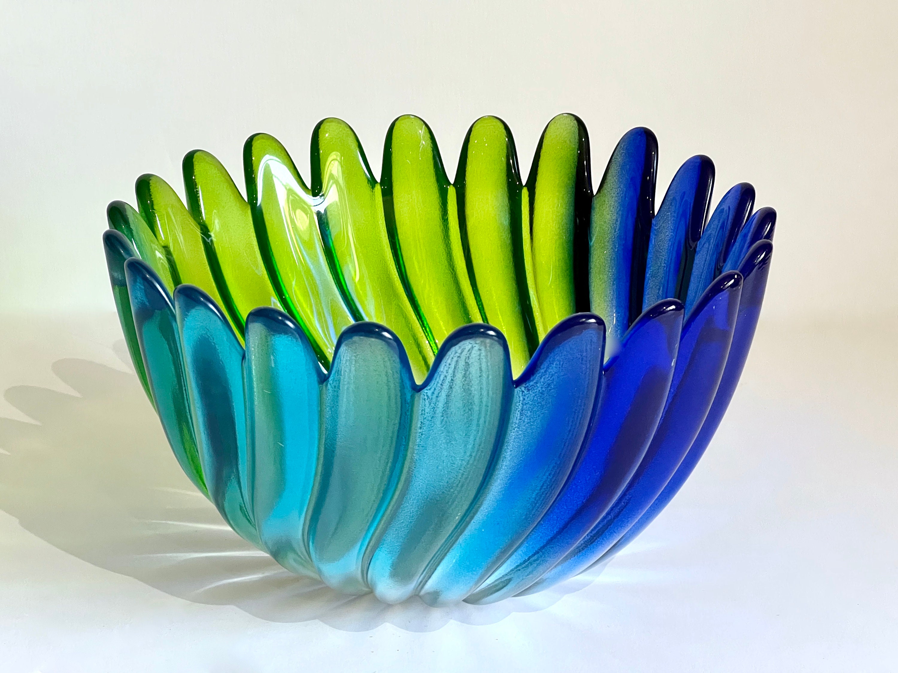 Vintage Blue & Green Art Glass Petal Bowl Solaris by Studio Nova Germany Aurora Borealis Blue, Teal and Green Swirl