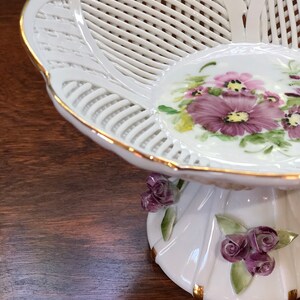 Vintage Hand Made Hand Painted Reticulated Porcelain Footed Dish Romanian Floral Woven Pedestal Bowl/Compote Candy Dish Russ Collection image 5