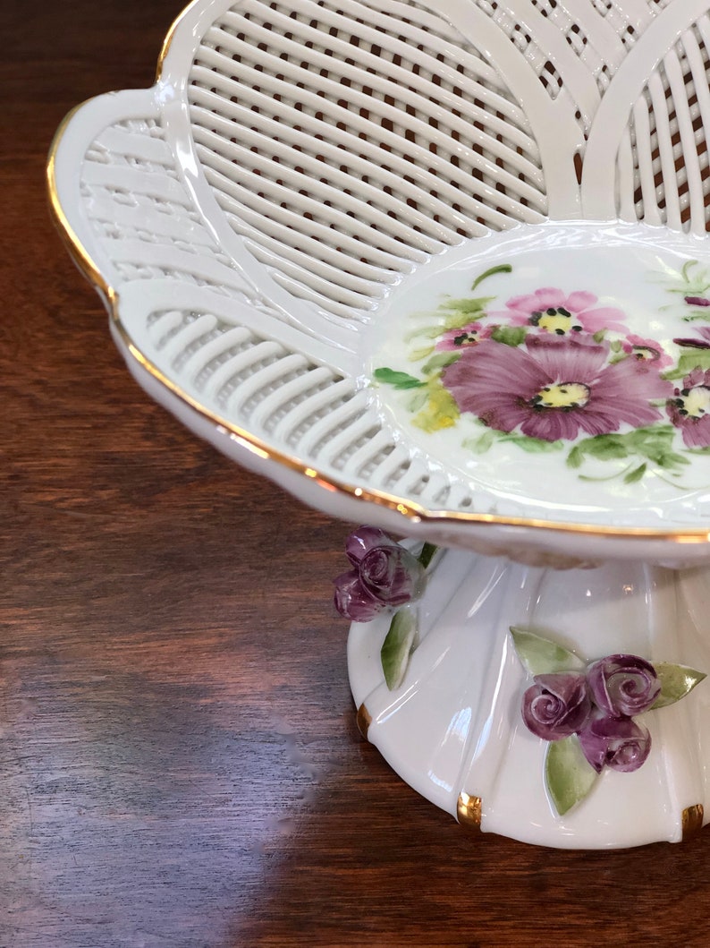 Vintage Hand Made Hand Painted Reticulated Porcelain Footed Dish Romanian Floral Woven Pedestal Bowl/Compote Candy Dish Russ Collection image 5