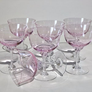 Set of Seven (7) ChampagneCoupes/Tall Sherbet Glasses "Hawthorne Coral" by Sasaki Light Pink & Swirl/Twisted Stem Design 1991-1992
