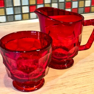Vintage Viking Glass Ruby Red Sugar Bowl and Creamer Set, Georgian Pattern image 2