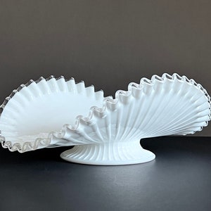 Vintage Fenton Silver Crest Footed Banana Boat Dish White/Milk Glass Centerpiece Fruit Bowl, Clear Edge, Crimped/Ruffled Border Rim