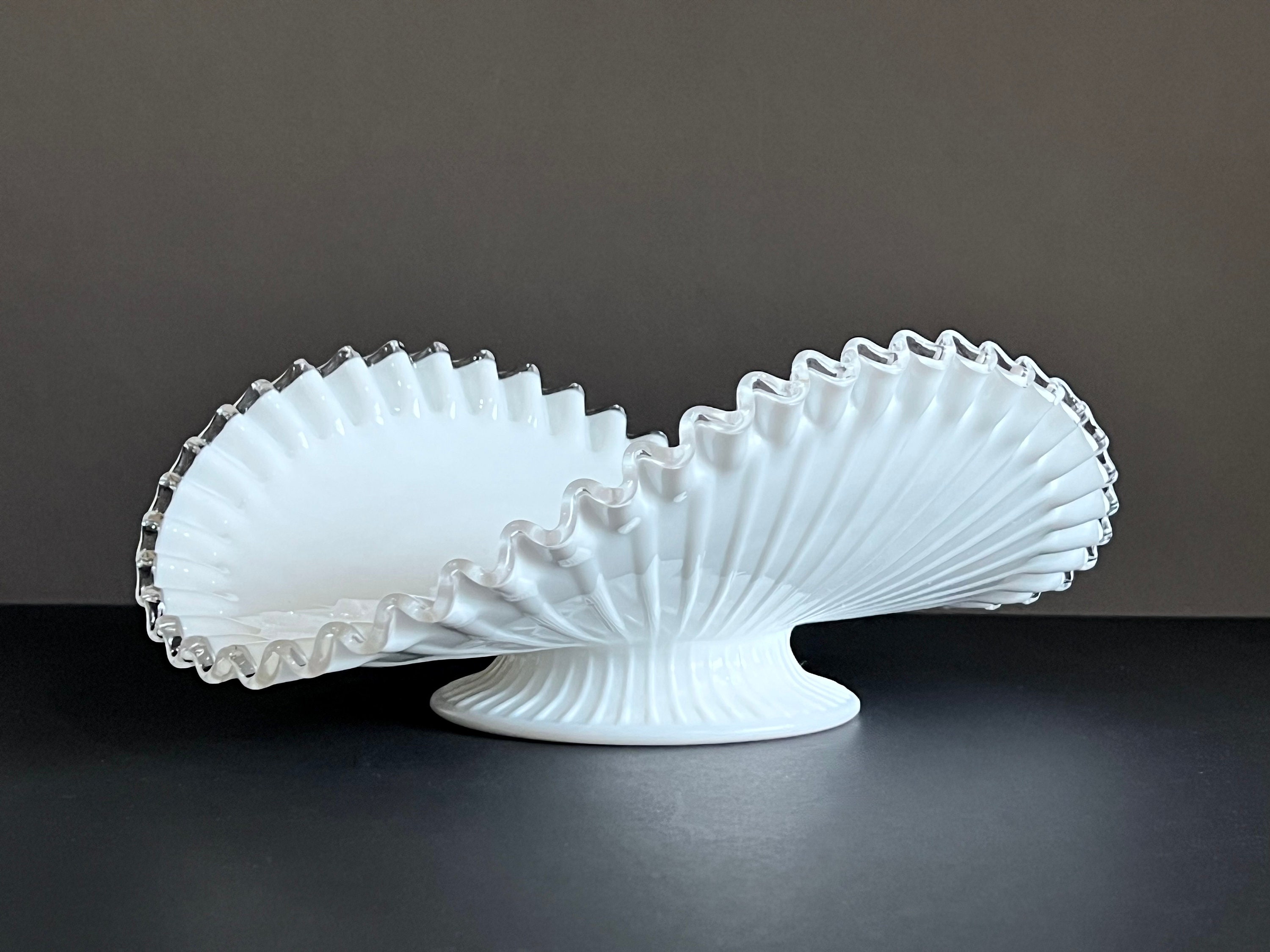 Vintage Fenton Silver Crest Milk Glass Banana Boat, Ruffled Edge