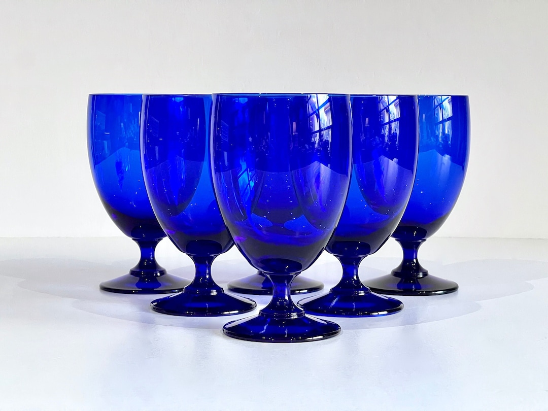 Vintage Short Stem Blown Glass Cobalt Blue Water Goblets/wine Glasses