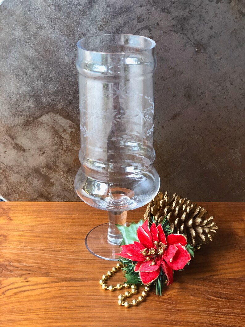 Vintage Etched Glass Footed Hurricane Candle Holder Floral Etsy