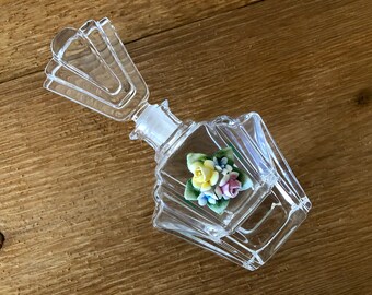 Vintage Art Deco Crystal Perfume Bottle with Ceramic Roses, Made in Italy
