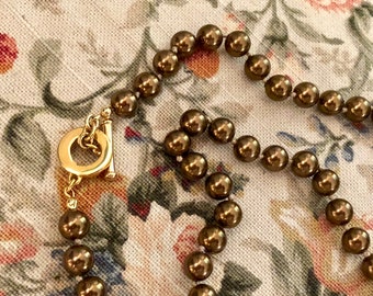 Vintage Carolee Golden Bronze Brown Faux Pearl Necklace Signed with Gold Toggle Clasp 20"