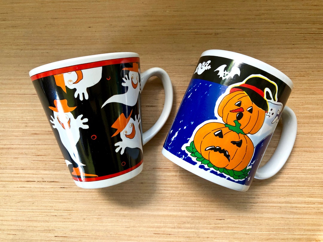 Vintage Halloween Mugs Black Background Flying Ghosts W Orange Etsy