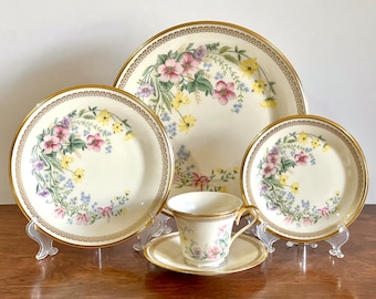 Vintage 30 Pc Dinnerware "Flower Song" by Lenox (6 five pc place settings)  Beautiful Cream China w Floral Design and Gold Border Trim