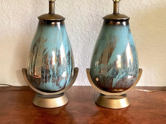 Cool Vintage 70s Crackle Finish Teal and Gold Table Lamps Teardrop