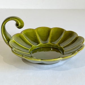 Mid Century Modern California Pottery Glazed Ceramic Dish Avocado Green Catch-all or Candy Dish Curved Handle