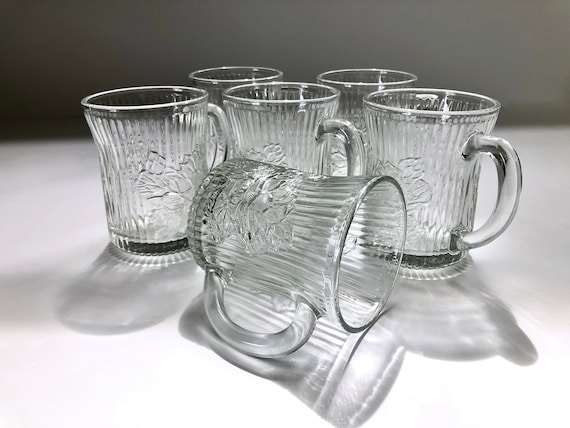 Vintage KIG Clear Glass Coffee Mugs, Ridge Texture Embossed Flowers Pressed Glass  Mugs Tea Mugs Floral Design 80s -  Hong Kong