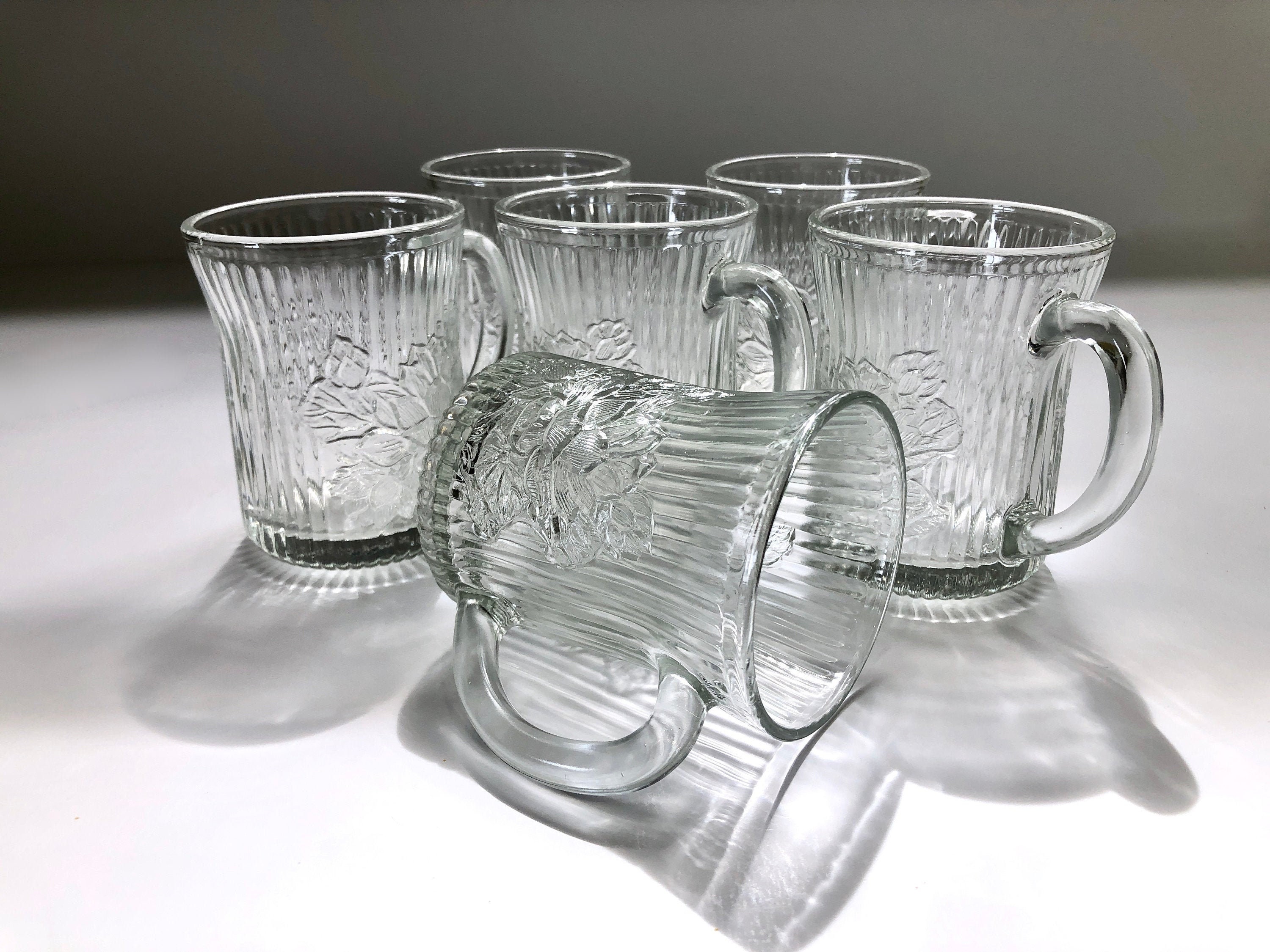 Vintage KIG Clear Glass Coffee Mugs, Ridge Texture Embossed