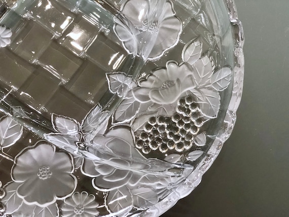 Frosted Crystal Chip and Dip Platter, Embossed Floral Glass Plate
