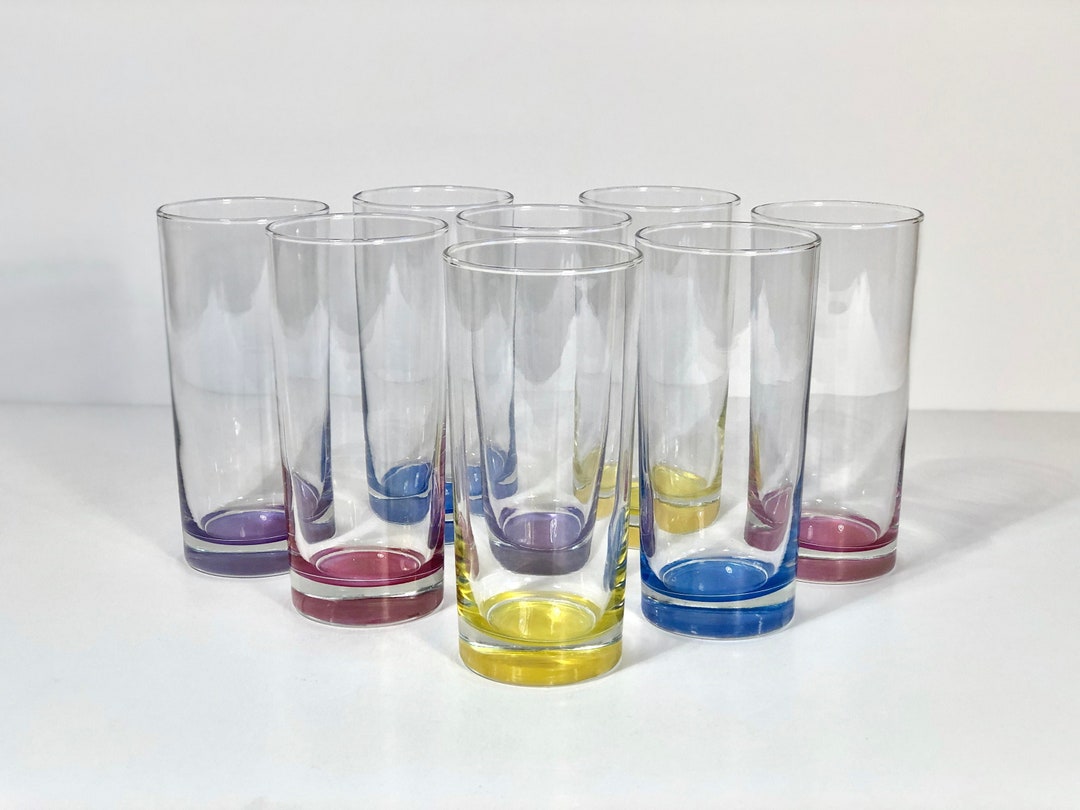 Vibrant Colored Bottom Glasses Set of Eight Vintage Large Tumblers