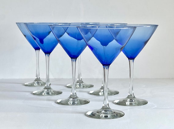 Cobalt Blue Clear Stem Large Martini Glasses Set of 7 Clear Stem Blue Bowl  Vintage Stemware 