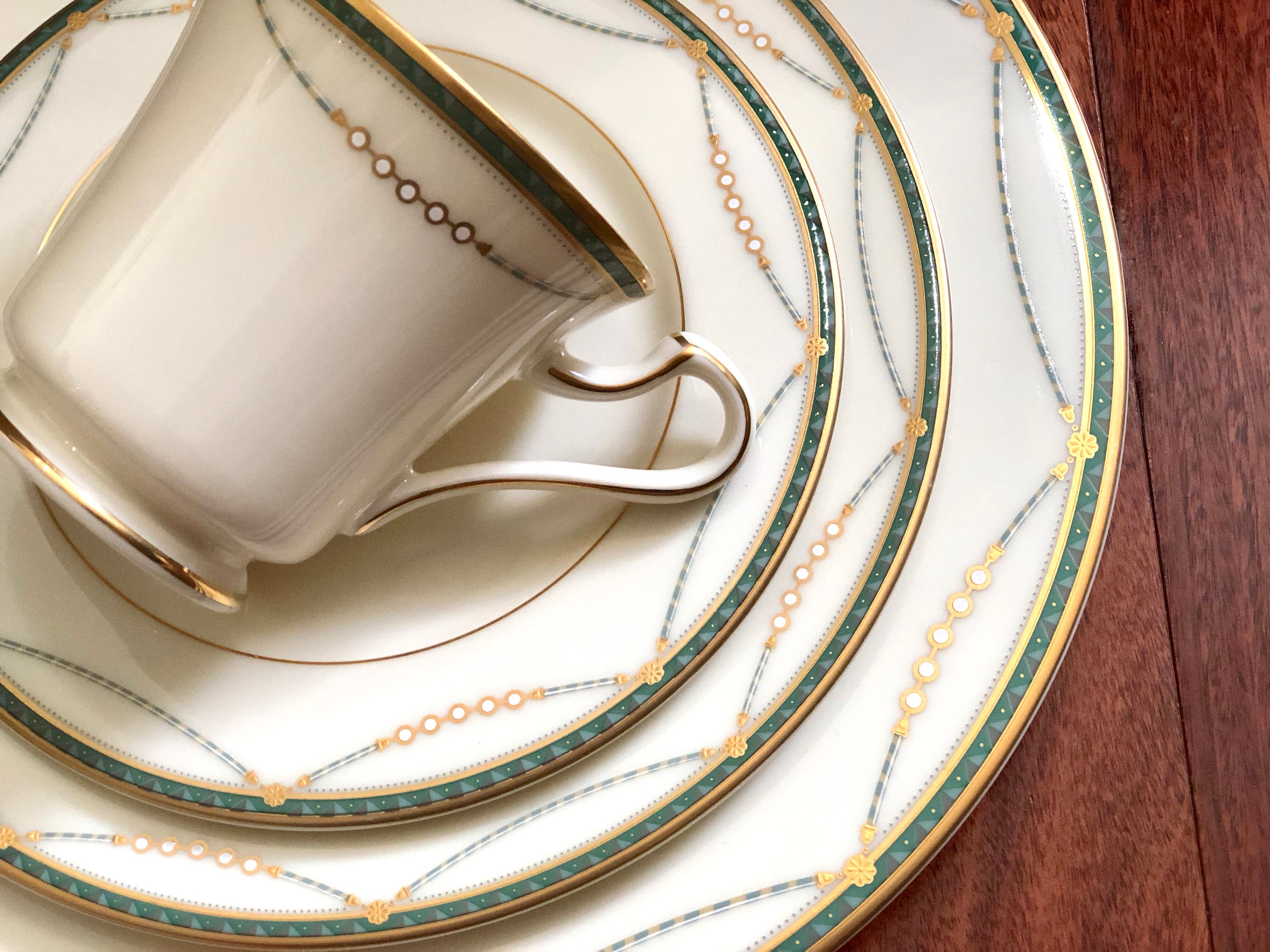 Vintage Mikasa Dinnerware Set, Laurent Teal & Gold, 20-piece