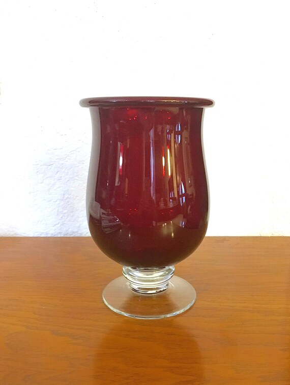 Large Ruby Red Crystal Hand Blown Glass Footed Hurricane Vase Etsy