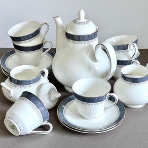 Vintage Royal Doulton &quot;Sherbrooke&quot; Bone China Coffee/Tea Set (15 pc set) English Bone China Slate Blue Band w Black Scrolls Silver Trim