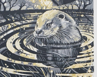 Swimming in Stars 10/45. Otter at night. Hand made, limited edition, reduction linocut print.