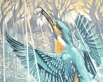 8/40 'Kingfisher, evening rain'. Hand made reduction linocut, limited edition.