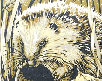 Hungry Hedgehog 11/35, handmade reduction linocut print