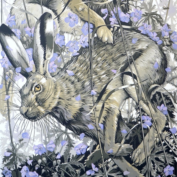 Hares and Meadow Cranesbill 20/35. Handmade, limited edition, linocut print.