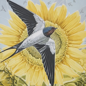 Sun Swallows, 5/30, limited edition handmade linocut print