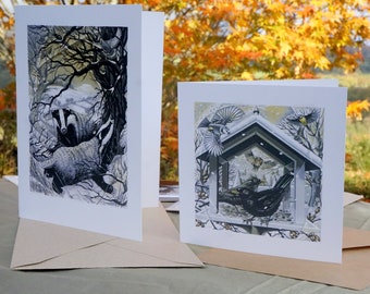 Six Busy Bird Table and Winter Hillside Badgers greetings cards (3+3)