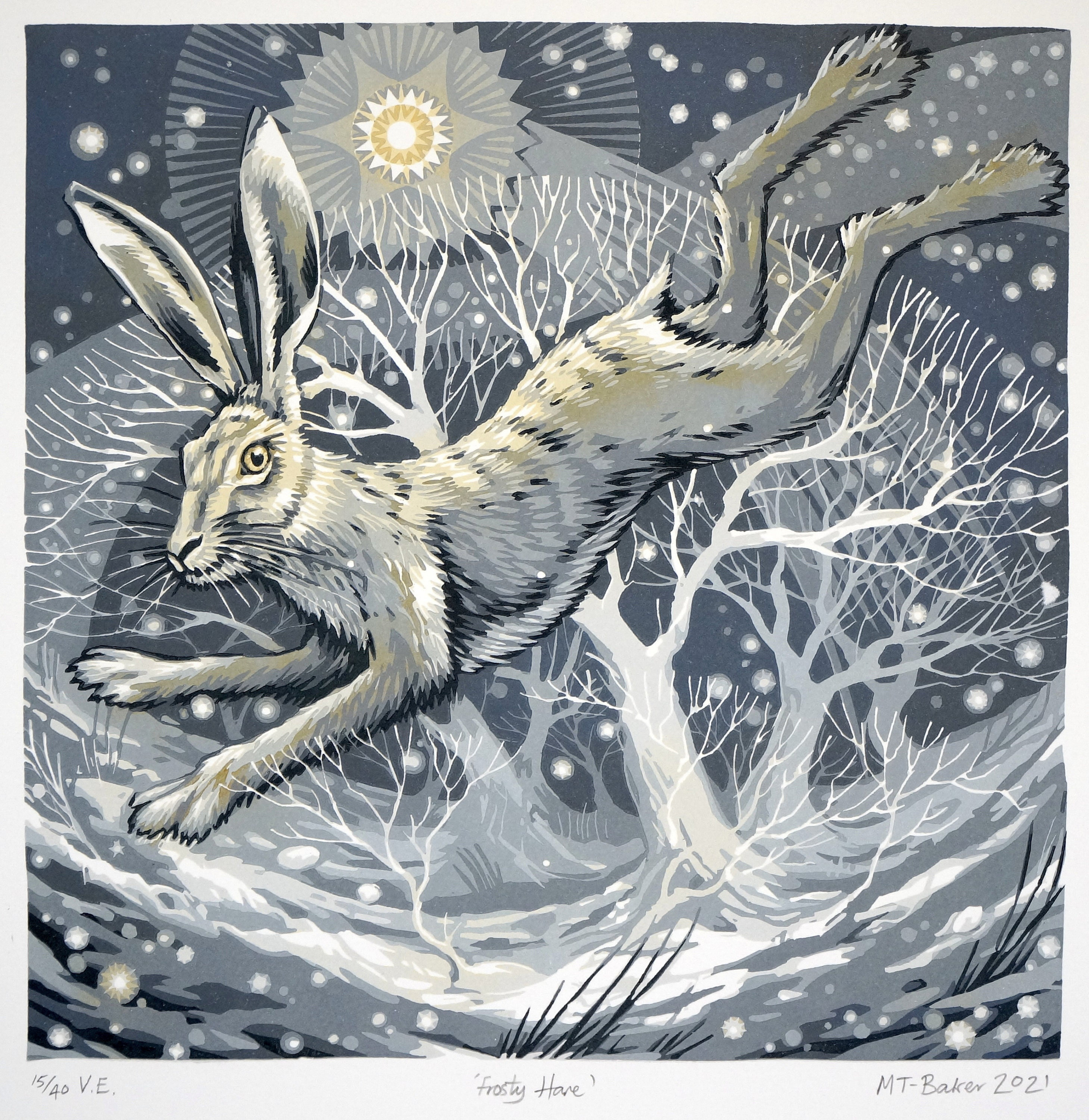 Frosty Hare 15/40. Hand made linocut