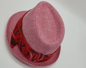 Pink summer hat for women made of straw and cotton, Beach hat for women, Sun fedora hat