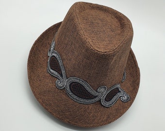 Sun fedora hat for women, Brown straw beach hat, Panama hat