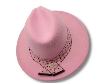 Light Pink Fedora Hat With Leather Band, Men Women Felt  display picture 2