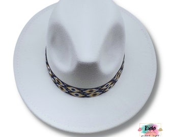 Boho white fedora hat for woman, White wool felt hat, Wide brim fedora, Hat band woman