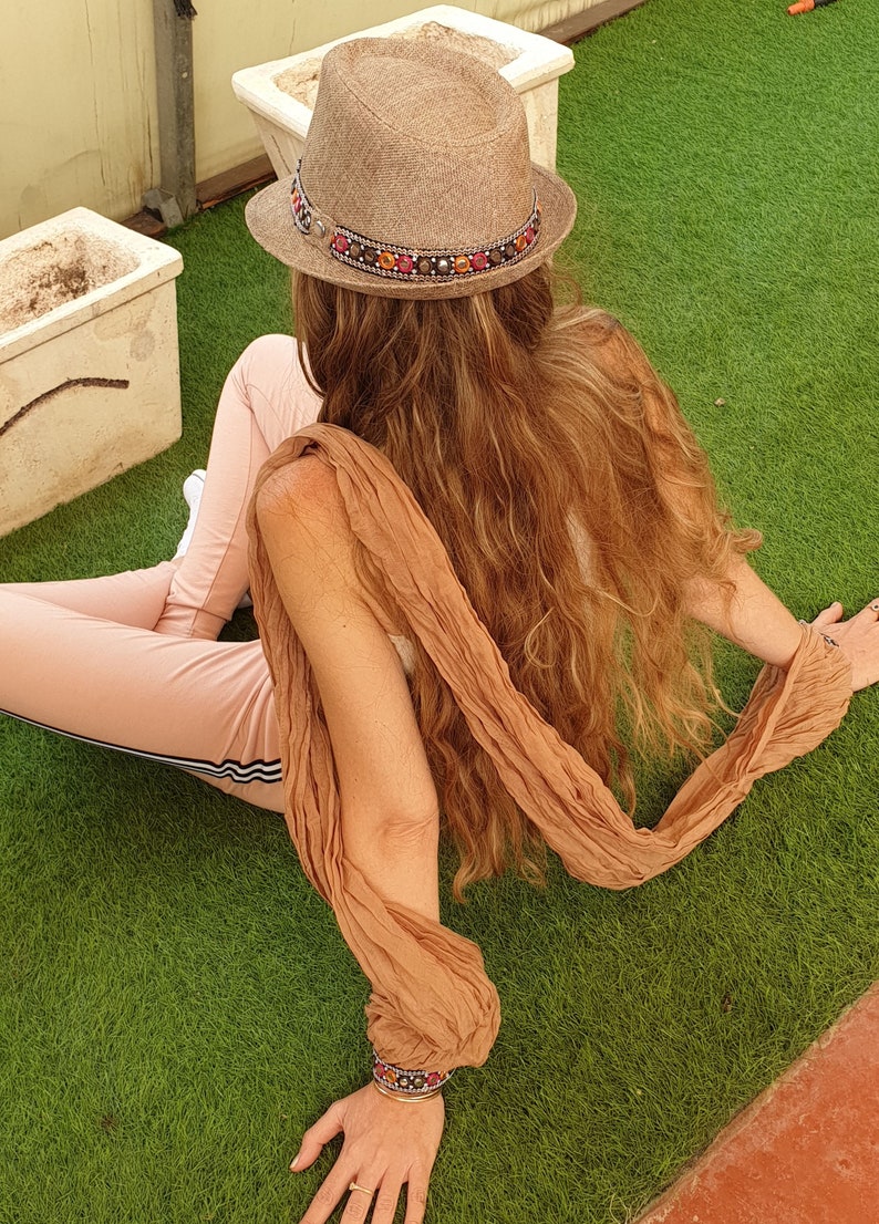 Women fedora hat Beach women hat Gift for her Bohemian fedora hat Straw hat Women hat Brown SET hat and scarf