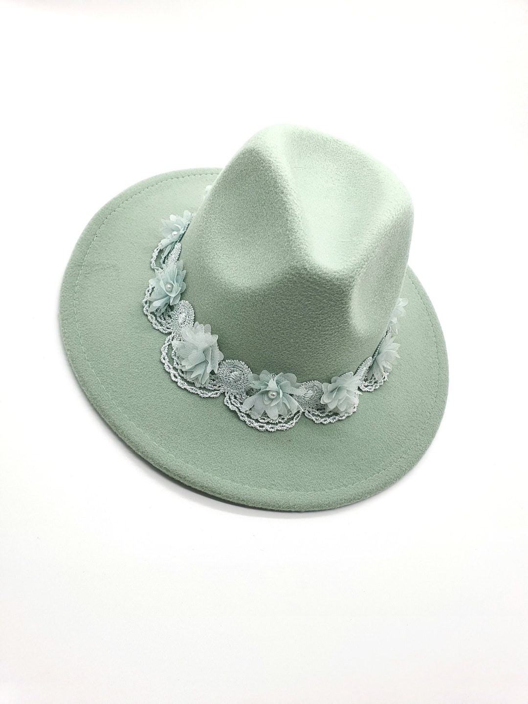 Light Green Fedora Hat for Woman, Flower Hat for Woman, Wide Brim Wool
