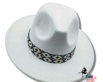 White fedora hat for woman, Boho fedora hat , White wool felt hat, Wide brim fedora, Hat band woman