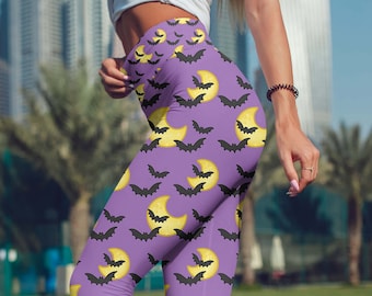 Fledermaus Leggings Halloween Leggings Lila Yoga Hose Mond Outfit Fledermaus Halloween Für Mädchen und Frauen - Regular, Hohe Taille, Capri, und Shorts