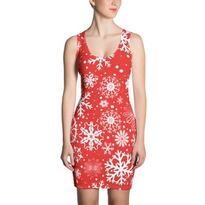 Snowflake Dress Christmas Dress Christmas Outfit Cute Xmas Party Red Dress Christmas Snowflakes Pattern