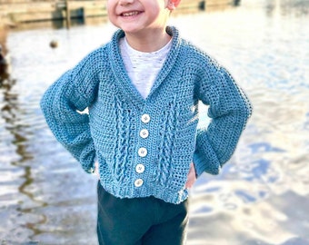 Crochet Button up Cardigan Sweater Pattern, Soft, Drapey, For Boys, For Men,  2T - 16/S - 5XL,  Cable Stitches, Video tutorial included