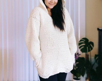 Crochet Hoodie Sweater PDF Pattern, Oversized Sweatshirt with Hidden Pockets, Baggy Jumper, Pullover, For Women, XS - 5XL ,Video tutorial