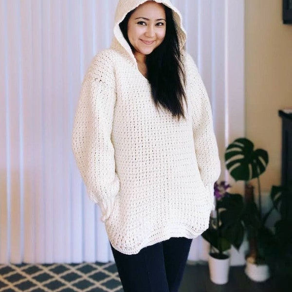Gehäkelter Hoodie Pullover PDF Muster, Oversized Sweatshirt mit versteckten Taschen, Baggy Pullover, Pullover, Für Frauen, XS - 5XL, Video-Anleitung