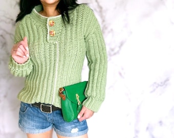 Crochet Sweater PDF Pattern, Crochet Pullover, Crochet Jumper,  Crochet Boat Neck with buttons, XS - 5XL,